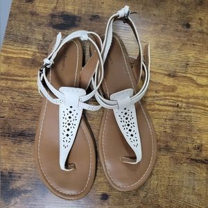 White leather t-strap sandals